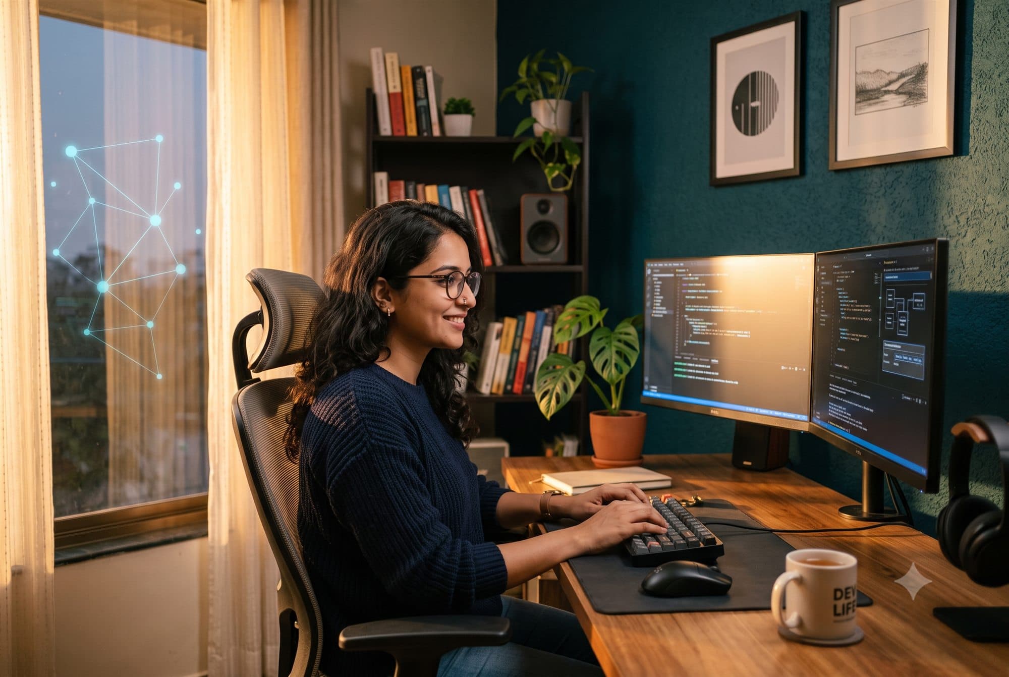 A developer working calmly at a golden-hour home office — dual monitors, deep teal wall, no hustle.