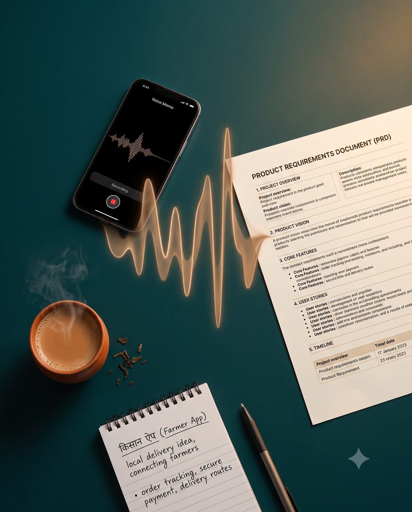 A voice memo becoming a structured PRD — phone, chai, handwritten Kisaan App notes on a deep teal desk.